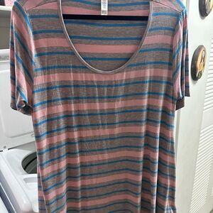 LuLaRoe Pink and Blue Striped Short Sleeve Top